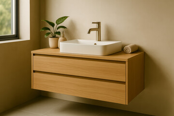 Modern bathroom sink with wooden cabinetry and potted plant