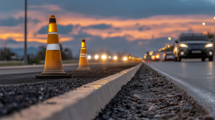 Obraz premium Road construction cones along the highway at sunset