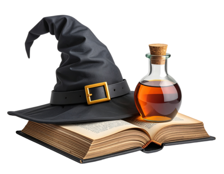 Minimal Witch Hat Illustration – Magic Book and Potion Bottle, Halloween Flat Design