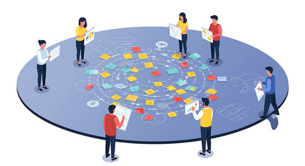 Business Team Brainstorming and Strategic Planning with Sticky Notes on a Circular Workflow Board, Fostering Innovation and Collaboration