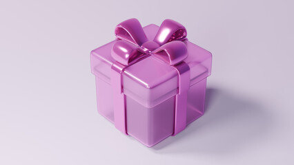 보라색 리본장식이 달린 반투명한 보라색 선물 상자 아이콘 