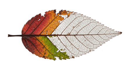 A single, meticulously rendered autumn leaf with a perfect decay gradient from vibrant hues to skeletal veins, isolated on a transparent background, natural decomposition study