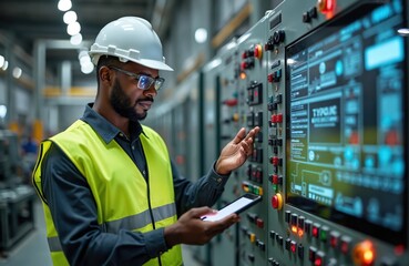 African engineer in hard hat and safety vest uses tablet to control electronic circuit. Industrial plant setting with working machinery highlights manufacturing, technology, and skilled labor.