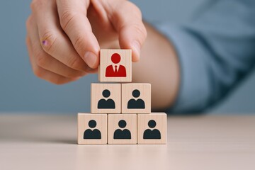 Building a Business Hierarchy with Wooden Blocks: Management, Leadership, and Career Growth Concept