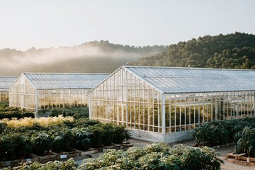 Aerial view showcasing multiple greenhouses filled with vibrant plants, nestled in a serene landscape at dawn, with soft mist rising from the hills