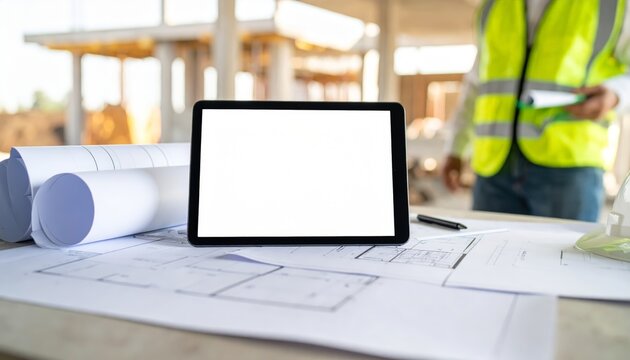 Tablet mockup on architect desk with blueprints