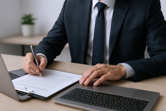 Professional businessman in suit signing contract, working in office, using laptop, modern workplace