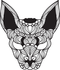 Detailed black and white illustration of a spynx cat head, adorned with complex, flowing, abstract line patterns.