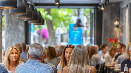 Busy café scene with diners enjoying conversation and meals