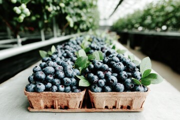 Brightly lit greenhouse hosts rows of fresh blueberries in baskets, showcasing lush foliage and ripe fruit, indicating peak harvest time in an agricultural setting