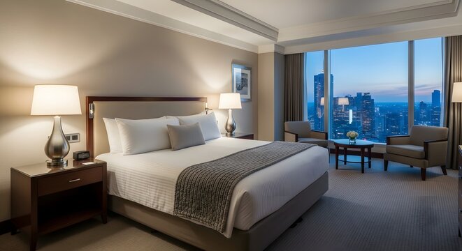 Elegant Hotel Suite Interior with Stunning City View at Twilight