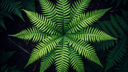 Top- Down View of a Vibrant Green Fern Frond in a Dark Forest leaves foliage