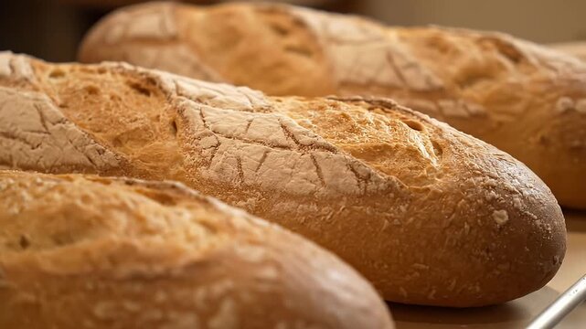 Three loaves of crusty bread are arranged in a closeup diagonal row showcasing their goldenbrown color and textured surface