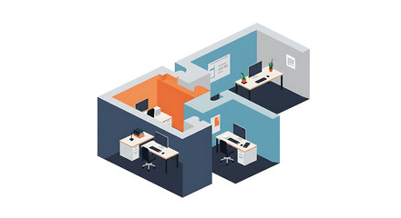 Obraz premium Modern Isometric Office Interior Design with Multiple Workstations for Business and Professional Environments