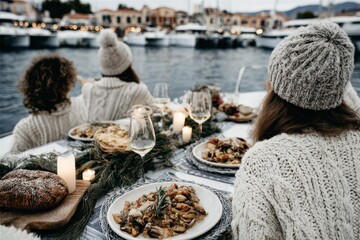 A family is gathered around a table on a boat, savoring a warm dinner. The table is set with delicious food, candles flickering, creating a cozy atmosphere as twilight descends