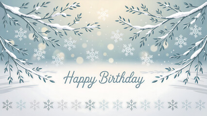 Elegant winter wonderland Happy Birthday greeting card design. Happy Birthday background. 