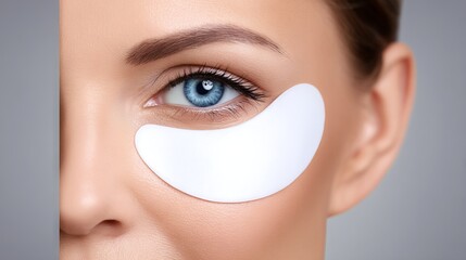 Close-up of a woman with blue eyes applying a white eye mask, showcasing skincare routine and beauty treatment, emphasizing self-care and rejuvenation process