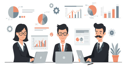 Flat vector illustration of business team sitting around table with charts and graphs, teamwork and collaboration concept, office meeting, clean minimal design, simple geometric shapes, pastel colors
