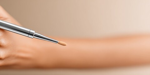 Close-up of a hand holding a makeup applicator with a creamy foundation tip, showcasing beauty product details and skin tone, ideal for cosmetic advertising and beauty tutorials