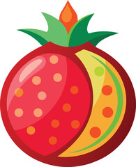 A single red pomegranate fruit with green leaves
