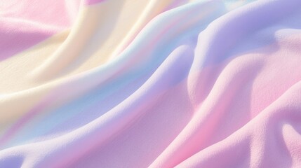 Fototapeta premium Plush felt fabric with a gradient of pastel colors—pink, purple, and yellow—boasting a soft texture that’s perfect for crafting cozy dresses or jackets, adding an elegant touch to clothing projects.
