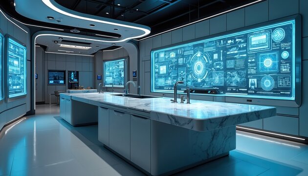 Futuristic kitchen with sleek surfaces, interactive displays showing data, technology interfaces. Modern stainless steel countertops, smart appliances, ambient blue lighting create high-tech,