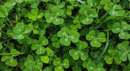 Obraz premium Lush field of shamrocks offering a fresh perspective with vibrant green hues and a touch of nature magic ideal for St Patricks Day promotions and spring themed designs