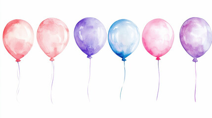 Colorful watercolor balloons in pastel shades on white background. Balloons Around the World Day. Birthday Celebration Cake, International Cake Day