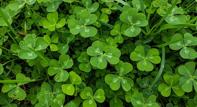 Lush field of shamrocks offering a fresh perspective with vibrant green hues and a touch of nature magic ideal for St Patricks Day promotions and spring themed designs