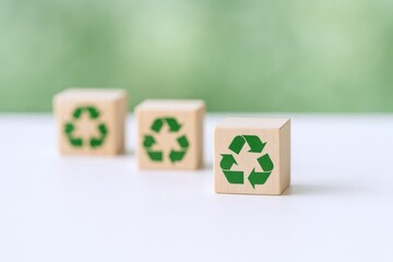Sustainable Future: Three Wooden Blocks Displaying Recycling Symbols, Emphasizing Environmental Responsibility and Circular Economy Concepts