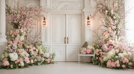 Elegant wedding ceremony entrance adorned with abundant floral arrangements and ornate white double doors