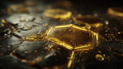 Honeycomb Golden Structure with Liquid, Abstract Geometric Background for Science, Beauty, and Technology Concepts