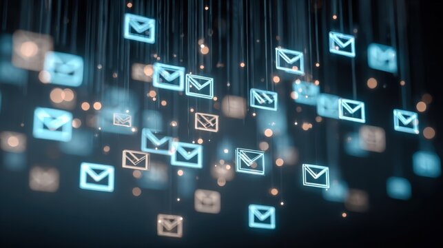 Digital Email Icons Floating in a 3D Render, Illustrating Communication and Connectivity in Modern Technology