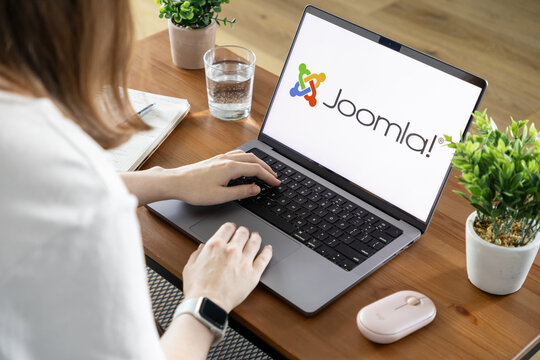 Poznan, Poland - August 23, 2025: Joomla application on laptop screen, demonstrating web content management system capabilities for digital platform development