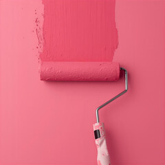 Obraz premium Pink paint roller applying color to a pink wall
