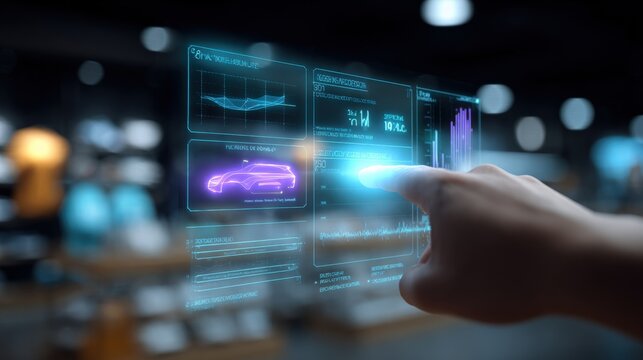 Interactive Holographic Interface Displaying Vehicle Data and Specifications, Person Touching Screen in Modern Showroom Environment - Powered by Adobe