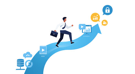 Business Professional Climbing Arrow Towards Digital Success and Growth with Tech Icons