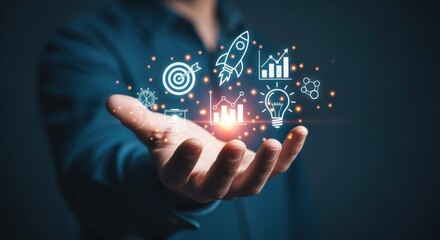 Man Presenting Digital Business Growth Icons and Startup Ideas, Innovation and Investment Strategy Concepts