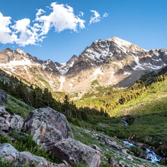 Lush valley nestled amongst towering snow-capped mountains under a vibrant blue sky.