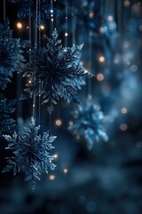 Elegant blue snowflakes suspended with bokeh lights in a soft winter ambiance
