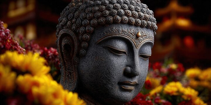 A peaceful Buddha statue, surrounded by flowers, embodies serenity and calm.