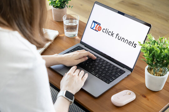 Poznan, Poland - August 23, 2025: ClickFunnels application prominently displayed on a laptop screen, actively used by a person for digital marketing and online business