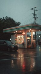 Naklejka premium A gas station along a highway is illuminated at dusk as raindrops create reflections on the pavement. Vehicles pull in for fuel, while warm lights glow from inside the convenience store