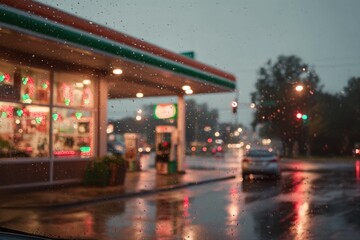Rain softly falls on a highway gas station at dusk, creating reflections on the wet pavement. Cars pass by, while colorful lights from the station and nearby traffic shine brightly