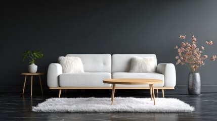 Minimalist interior features a white sofa, wood table, rug, plants, and a dark wall