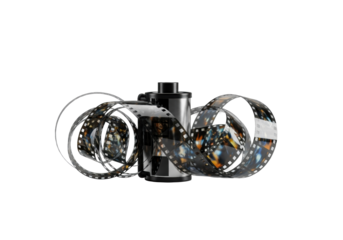 A classic black and silver 35mm film canister with unspooled, tangled celluloid displaying blurry, overexposed frames, glossy film, matte canister, on a seamless transparent studio background, product