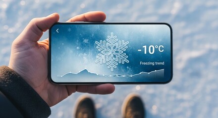 Smartphone, hand and weather app with cold winter forecast for freezing temperature, snow and seasonal update outdoors in snowy environment for climate data and technology use