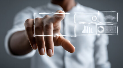 Hand touching virtual interface futuristic technology digital screen innovation business modern workspace interactive display data visualization