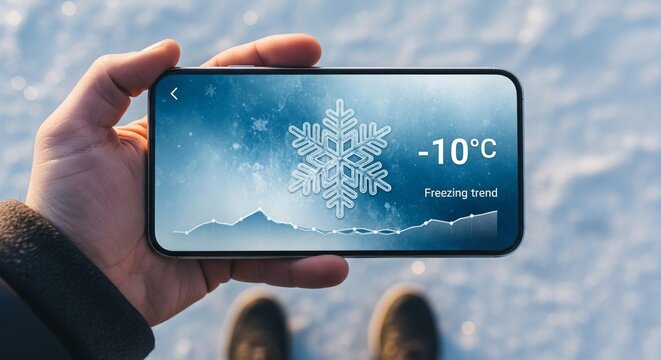 Smartphone, hand and weather app with cold winter forecast for freezing temperature, snow and seasonal update outdoors in snowy environment for climate data and technology use