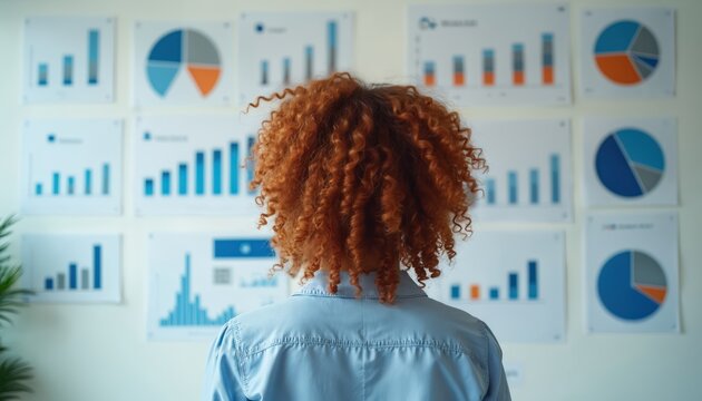 Woman with curly red hair analyzes data charts on wall. Focus on business strategy, performance improvement, planning. Visual representation of growth, productivity, decision making in corporate